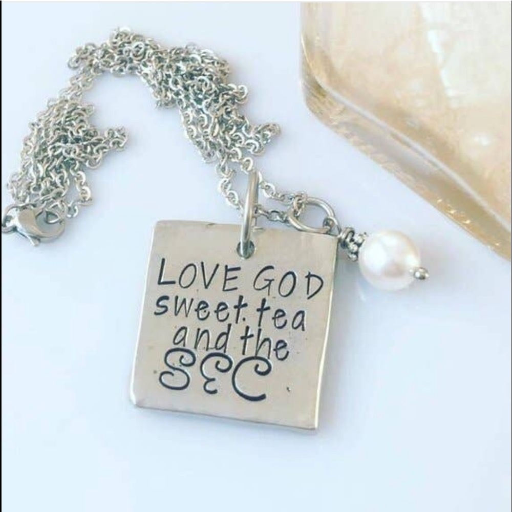 Silver SEC Pendant Necklace “Love God, Sweet Tea & the SEC” 24” NWT